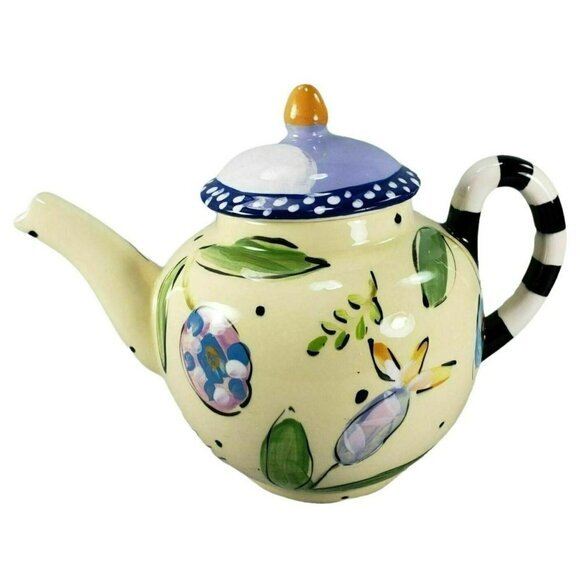 Droll Designs Teapot Tea‎ Pot With Lid Blue Flowers Floral Hand Painted - Picture 3 of 8